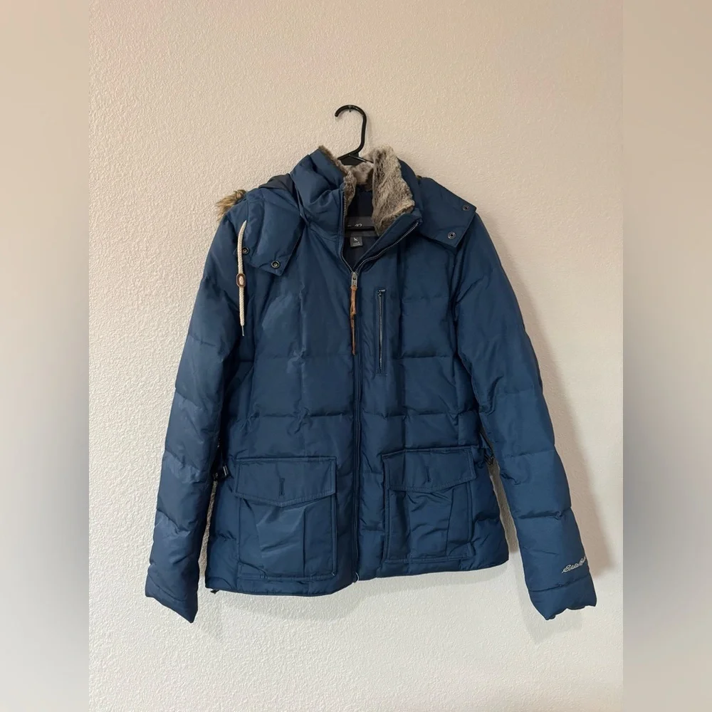 Eddie Bauer Women’s Large Blue Down Puffer Jacket Faux Fur Hood Winter Coat